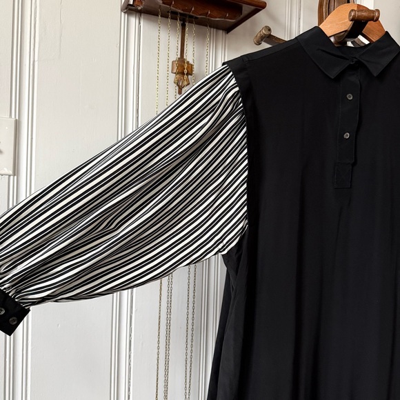 Vintage Silk Striped Balloon Sleeve Black Midi Dress - Picture 4 of 10